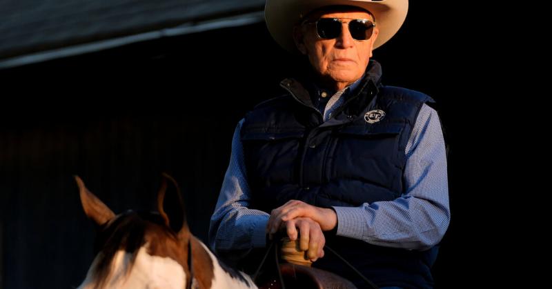 Legendary horse trainer D. Wayne Lukas overseeing the training of a thoroughbred at the track.