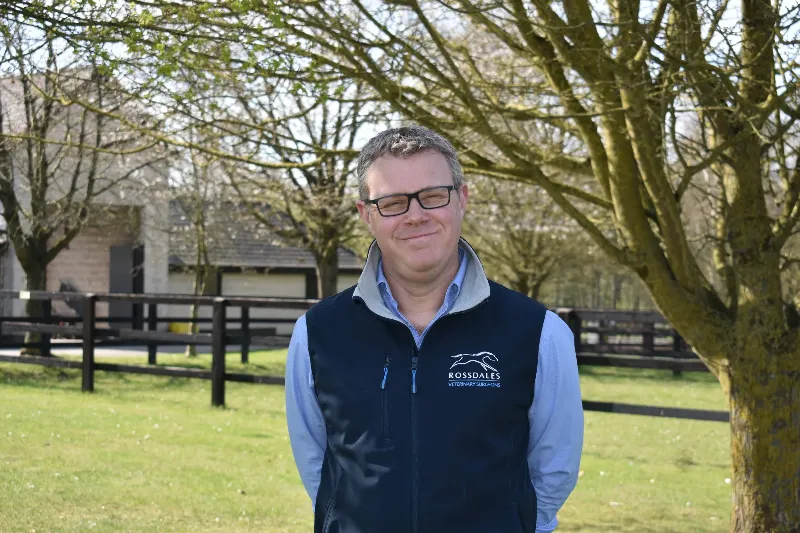 Alt-text: Dallas Keen horse trainer carefully observing a powerful Thoroughbred during a morning workout at the track.
