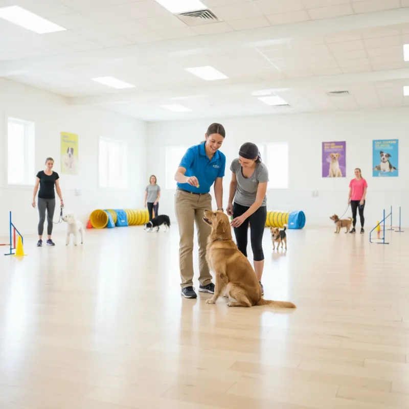 An action shot of a dog training class at Day Hill Dog Training with a trainer guiding a dog and owner.