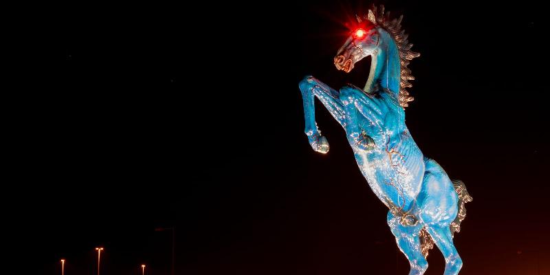 The infamous Denver International Airport horse statue story centers on this massive blue mustang with glowing red eyes.