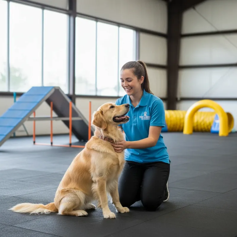 A professional dog trainer in a clean, sunny Denver facility giving a 'sit' command to a happy Golden Retriever during a board and train program.