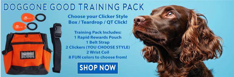 A collection of different styles of dog training pouches for treats, including silicone and fabric models, displayed on a clean wooden background