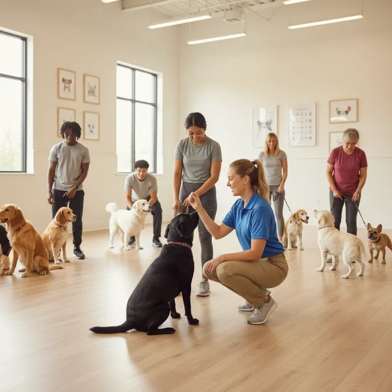 A diverse group of dogs and their owners in a bright, indoor training facility in Northern Virginia, all looking attentively at an instructor. The image captures a sense of community and learning, reinforcing the value of a professional dog trainer in Northern Virginia.