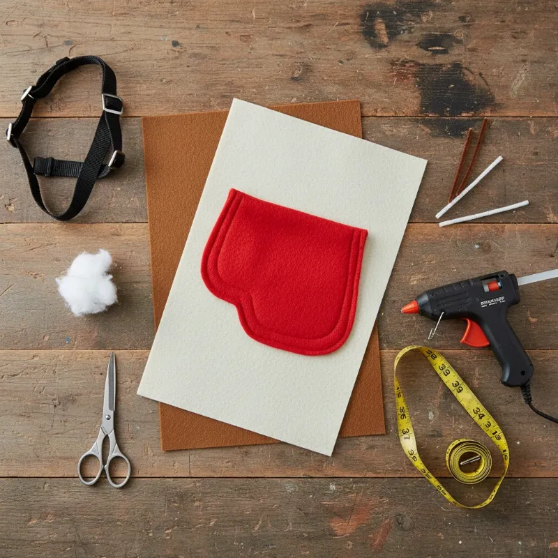 Materials for a DIY Toy Story horse costume, including brown felt, scissors, a glue gun, and a dog harness laid out on a wooden table.