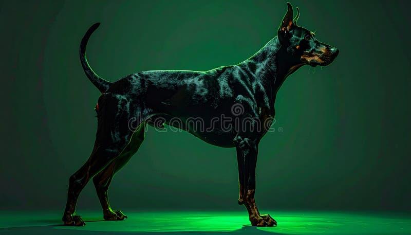 An alert Doberman Pinscher, a trained family guard dog, standing watchfully in a modern living room, embodying a calm yet protective presence.