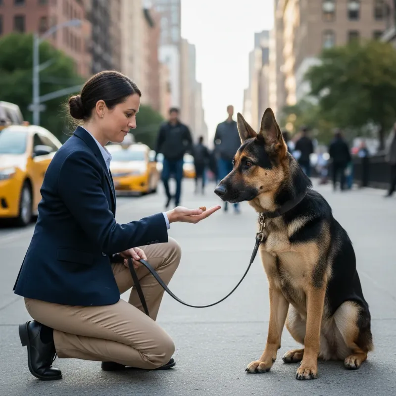 A certified dog trainer in NYC working with a German Shepherd showing signs of leash aggression, using positive reinforcement techniques. The German Shepherd in the image is focused on the trainer during a dog aggression training NYC session.