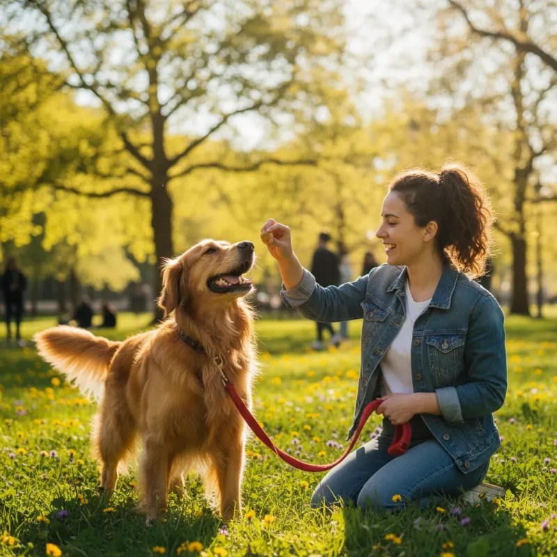 A smiling person kneeling on the grass and giving a treat to a happy golden retriever who has just performed a trick, embodying the spirit of dog gone good dog training.