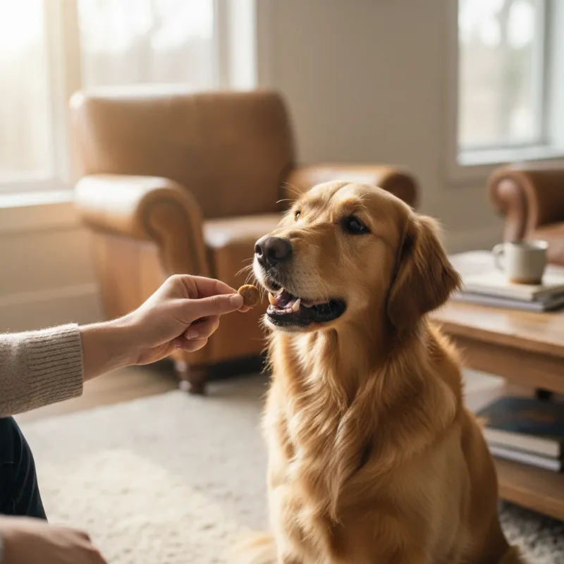 A close-up shot of a person's hand giving a small, healthy training treat to an attentive golden retriever, capturing the moment of positive reinforcement. The background is a bright, airy living room.
