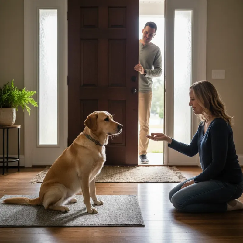 A person training their Jack Russell terrier to sit calmly on a mat away from the front door. The owner is rewarding the quiet dog with a treat, illustrating a key technique in how to stop a dog from barking in the house.
