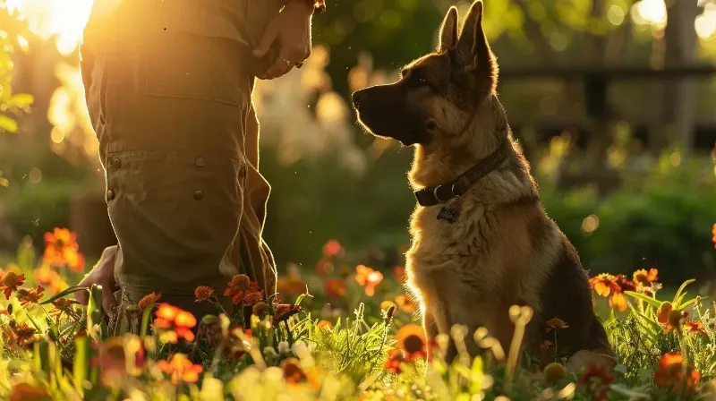 A focused dog owner practicing a 'stay' command with their attentive German Shepherd in a park setting, emphasizing clear communication and positive reinforcement.