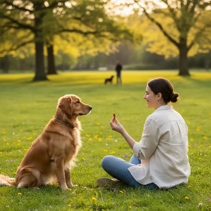 A golden retriever sitting calmly on the grass next to its owner, looking at another dog in the far distance, demonstrating the first step of engage disengage dog training.