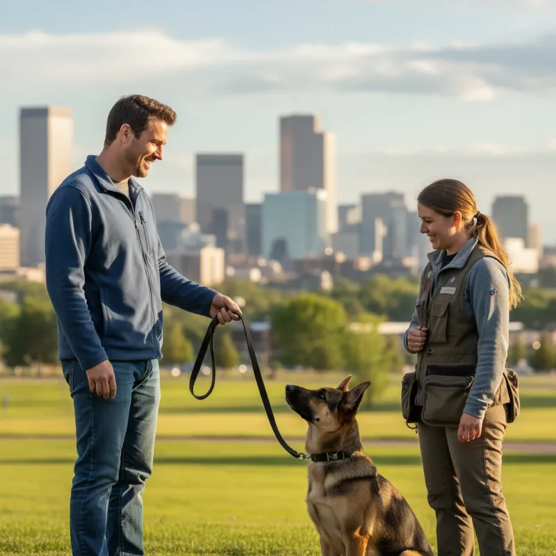 A happy owner is given the leash of their well-behaved German Shepherd by a trainer, signifying the end of a successful board and train program in Denver.