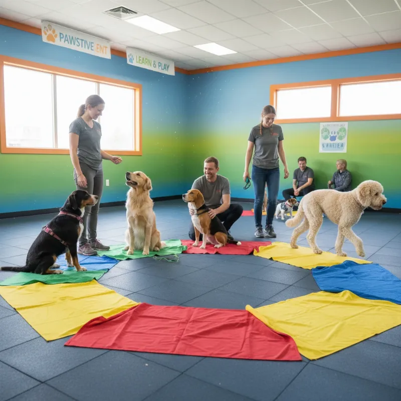 A diverse group of dogs and their owners participating in fun dog training games for group classes, looking happy and engaged.