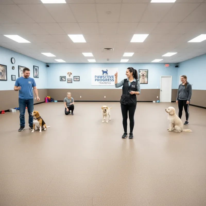 A diverse group of dogs and their owners participating in a group training class inside a clean, well-lit New Jersey facility.