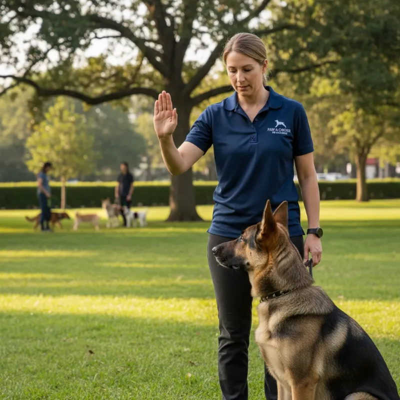 A well-behaved German Shepherd sitting patiently next to a professional trainer during a 2 week dog training session in a sunny park.