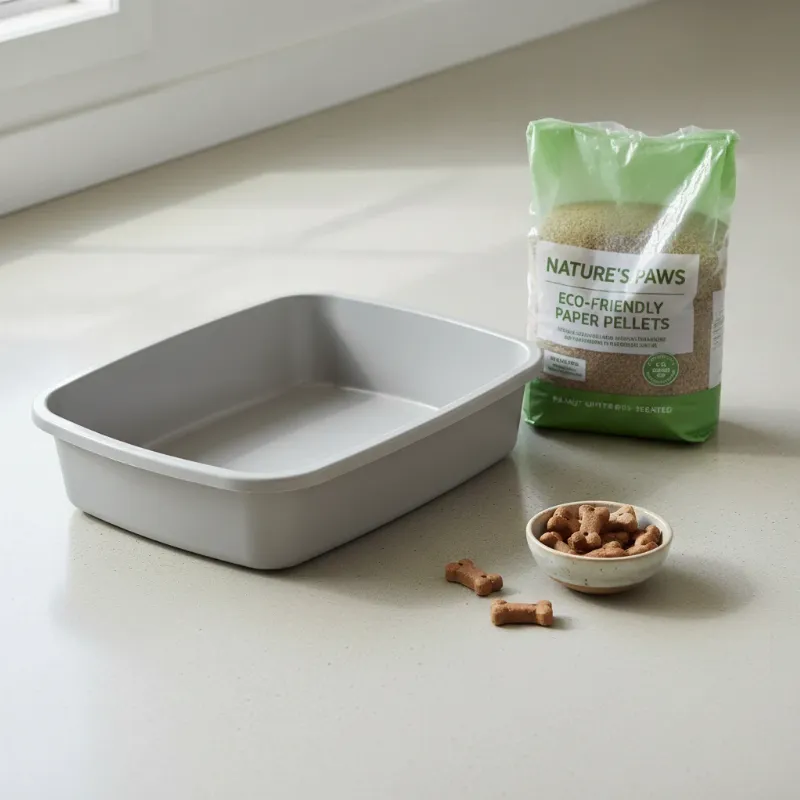 Essential supplies needed to successfully train a dog to use a litter box, including a low-entry pan and a bag of paper-based dog litter pellets