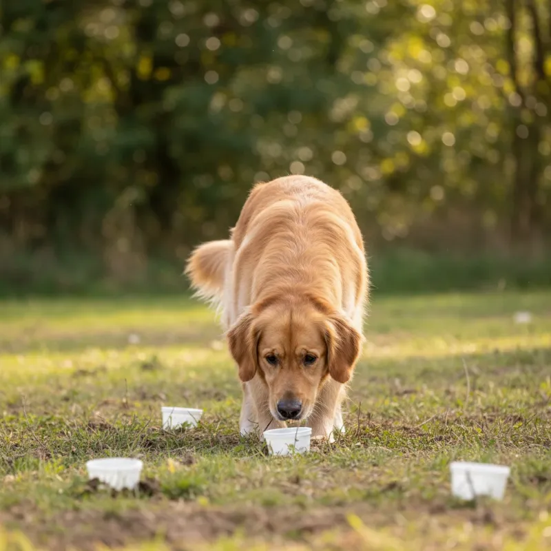 A dog with its nose to the ground, intently searching for a scent during a nosework training session, showcasing its detective skills.