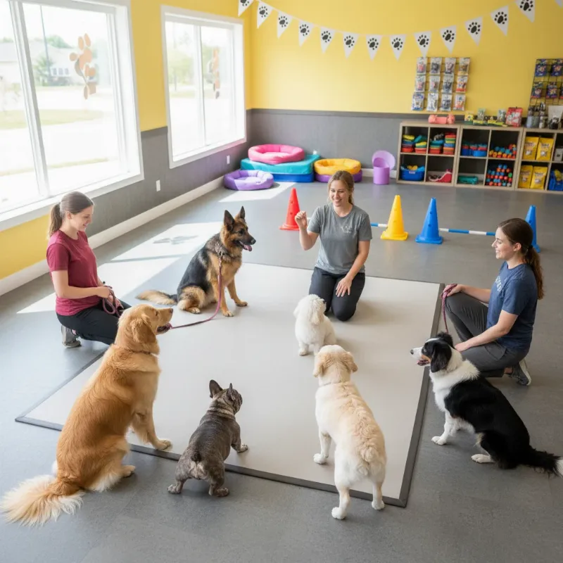 A group of diverse dogs and their owners participating in dog training and obedience classes in a bright, clean facility.