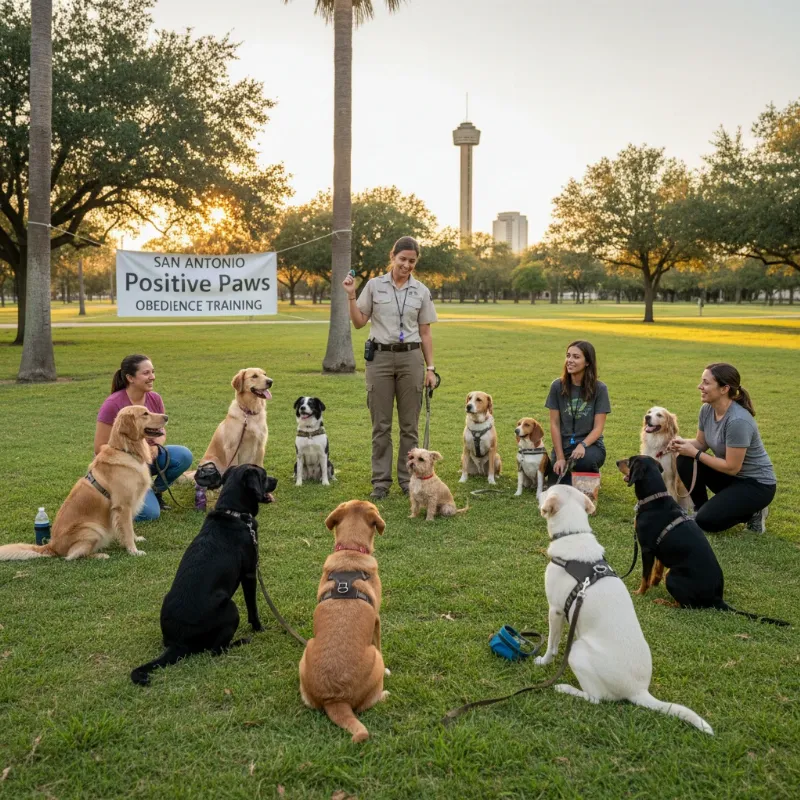 A diverse group of dog owners and their dogs (including a poodle, a beagle, and a labrador mix) participate in an outdoor obedience class in a San Antonio park.