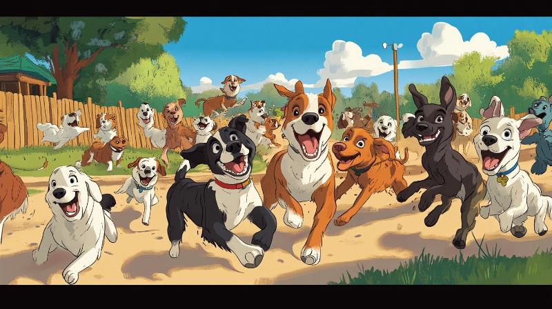 Diverse group of people interacting happily at a sunny dog park with various breeds of dogs playing