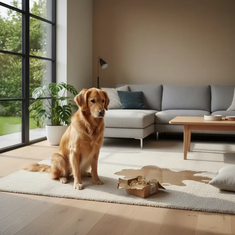 An alt-text describing a common scenario of potty training regression in dogs: a golden retriever looking apologetic next to a wet spot on a living room rug.