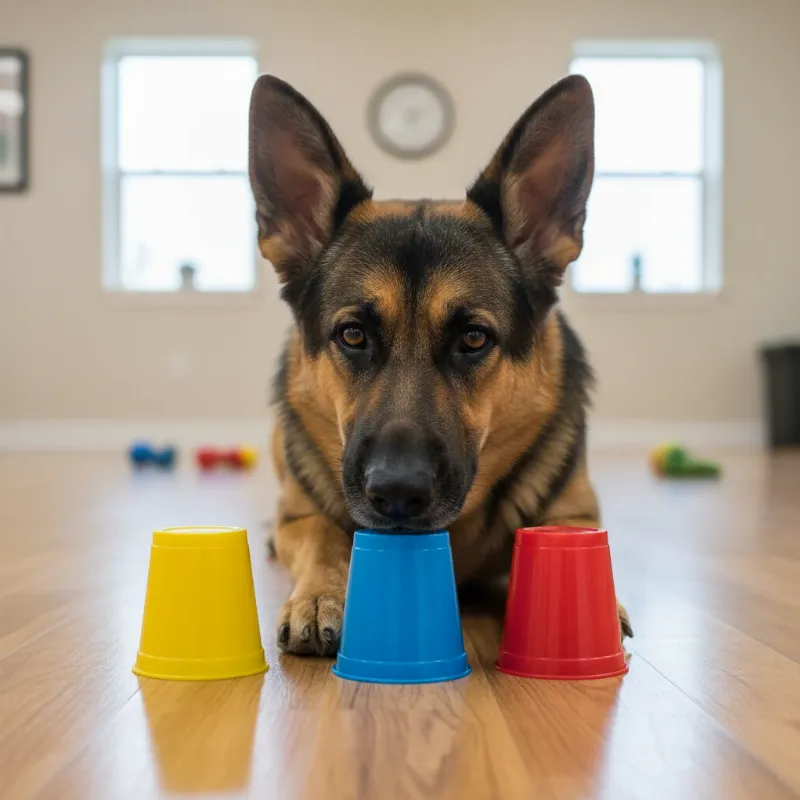 A focused German Shepherd sniffing one of three cups in a scent work game, demonstrating concentration during a dog training game for group classes.