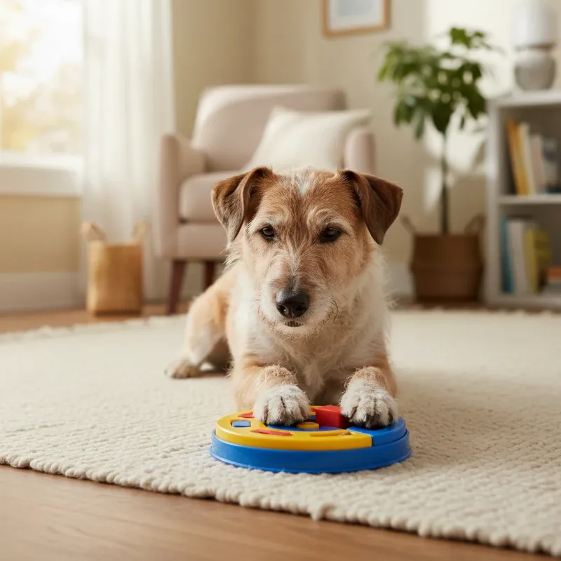 A medium-sized mixed-breed dog actively engaged and focused on solving a food puzzle toy on a living room floor, happily trying to get treats out. 
