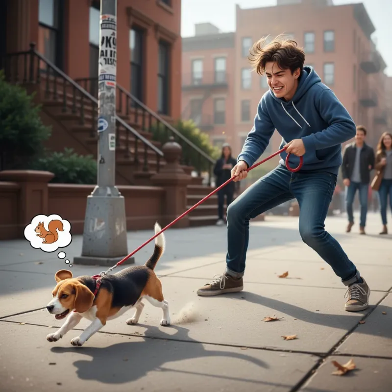 A frustrated owner being pulled down the street by a determined beagle, illustrating a common training problem that dog gone good dog training can solve.
