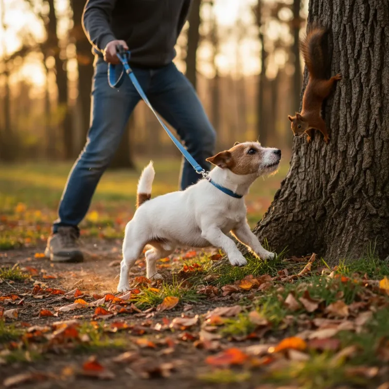 A small terrier pulling hard on its leash trying to chase a squirrel, illustrating a common dog walking problem.