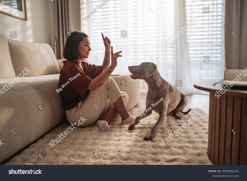 A close-up shot of a person's hand giving the 'sit' signal to an attentive Golden Retriever. The image captures a moment of clear communication and focus between the human and dog.