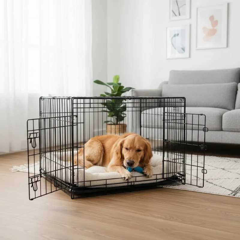 A happy golden retriever dog relaxing comfortably alone inside a cozy crate filled with soft blankets and a favorite chew toy, looking content.