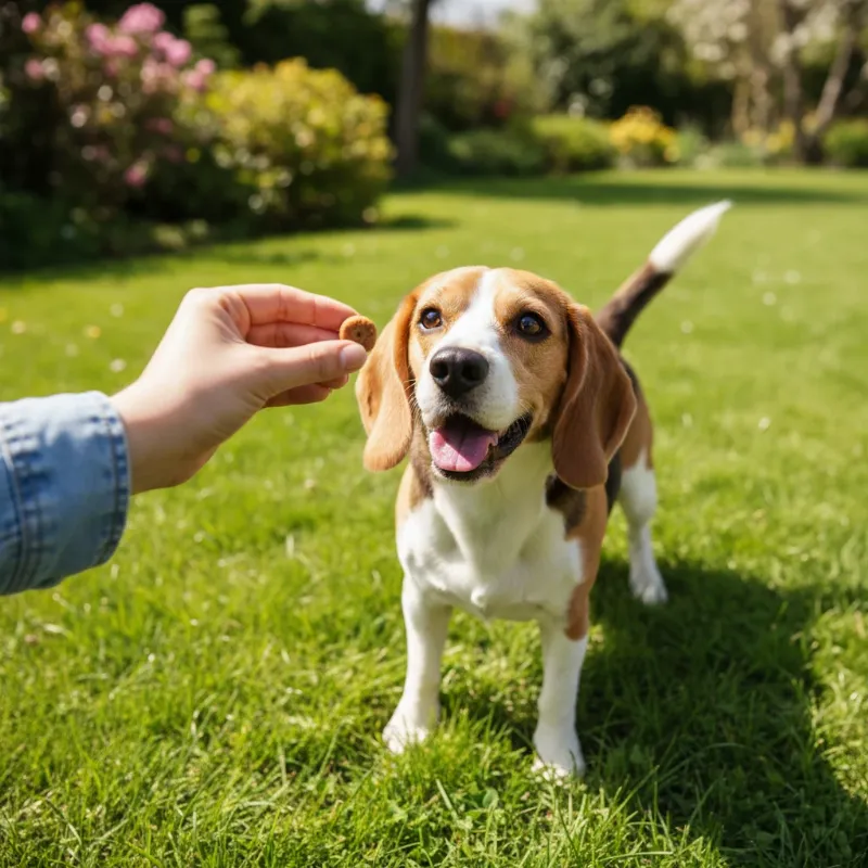 Owner rewarding a happy beagle with a successful potty outside, fixing potty training regression dog behavior.