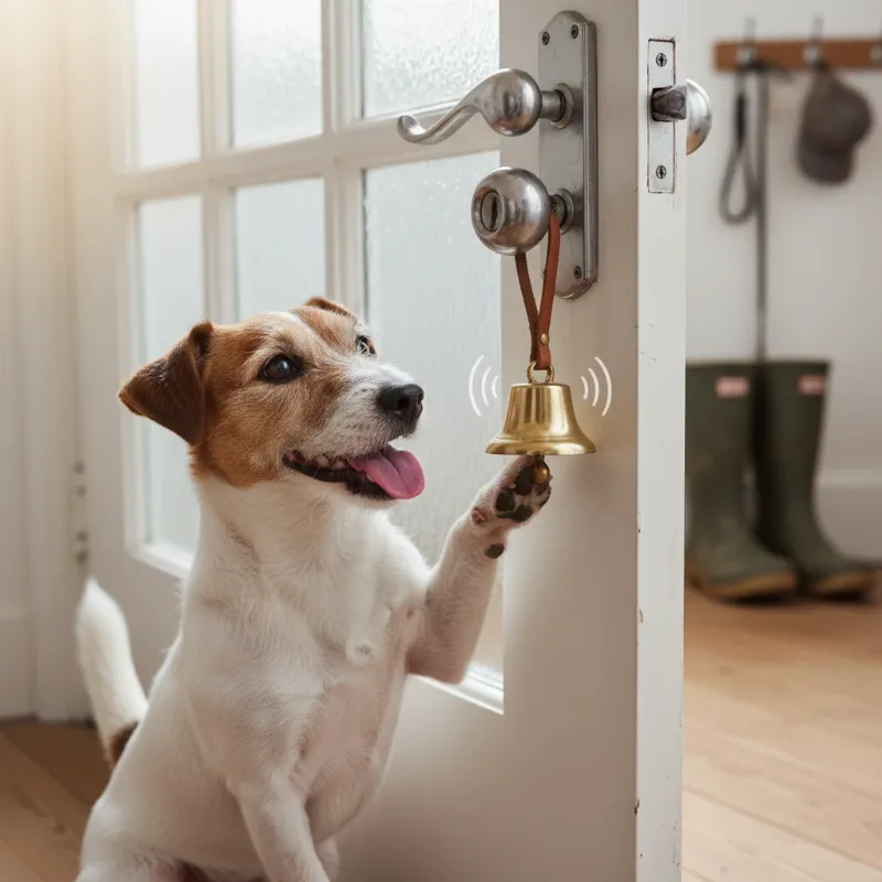 A happy Jack Russell Terrier successfully ringing a potty training bell hanging on a doorknob, demonstrating a successful house training method for a stubborn dog.