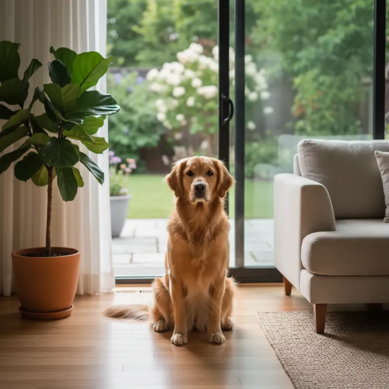 A Golden Retriever sitting politely by a glass door, looking back at its owner, clearly signaling that it needs to go outside. The alt-text is crucial: what does house trained mean for a dog.