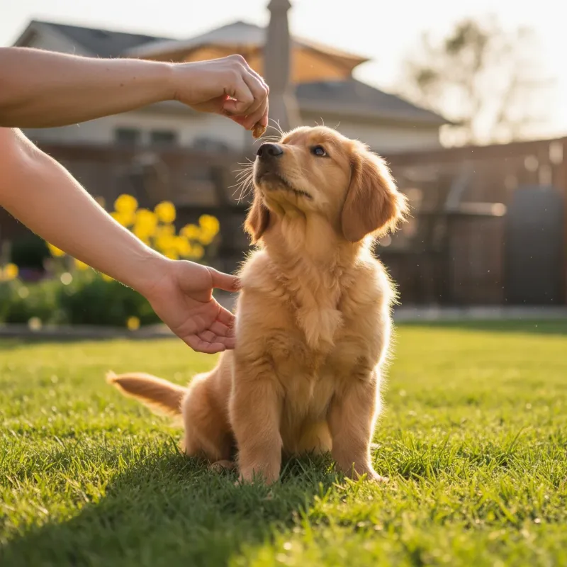 Effective visual demonstration of teaching a dog the 'sit' command using a treat lure and positive reinforcement, focusing on clear steps.
