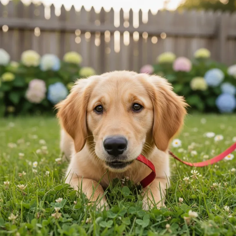 A golden retriever puppy sniffing a designated grassy spot in a backyard, clearly illustrating the concept of a dedicated area for house training a dog.