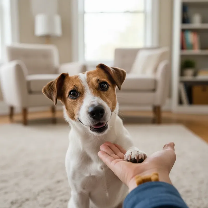 A proud Jack Russell Terrier successfully gives a 'paw shake' to its owner, showcasing the positive results of free dog training online.