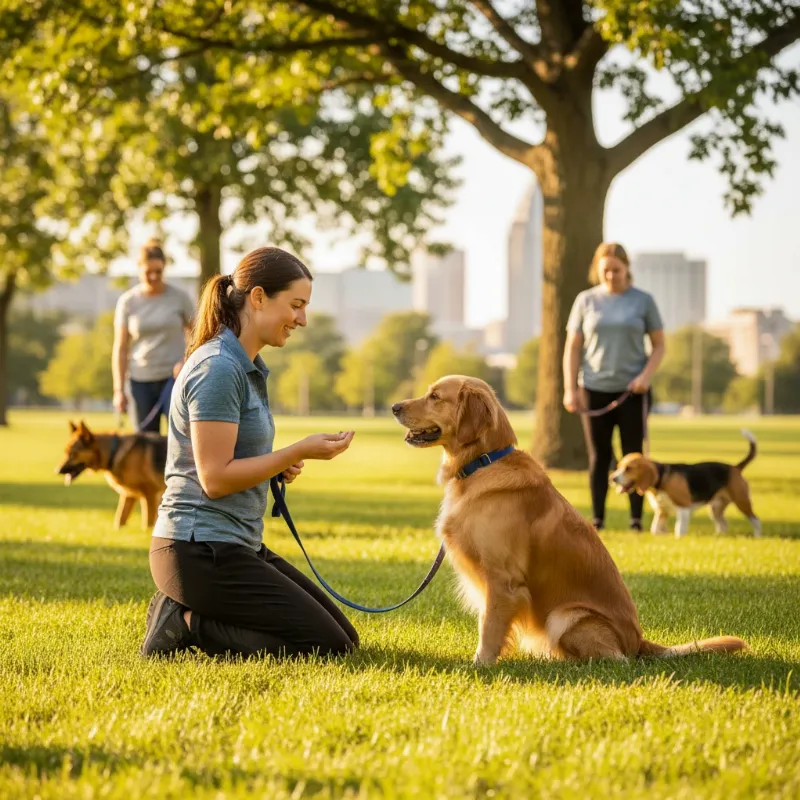 A professional dog trainer guiding a Golden Retriever through an obedience exercise in an Akron, Ohio park with other dogs in the background.