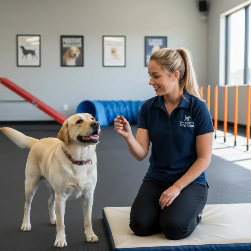 A friendly dog trainer in Sacramento kneeling down to give a treat to a happy Labrador during a training session, showing positive reinforcement. The keyword "dog training classes sacramento" should be subtly represented.