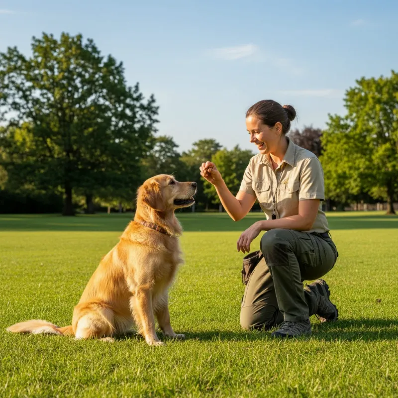 A friendly dog trainer giving a treat to a happy golden retriever in a park setting, demonstrating a positive training method.