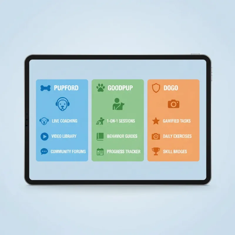 A close-up of a tablet screen showing a side-by-side comparison of three different dog training apps, an essential visual for a dog training app review.