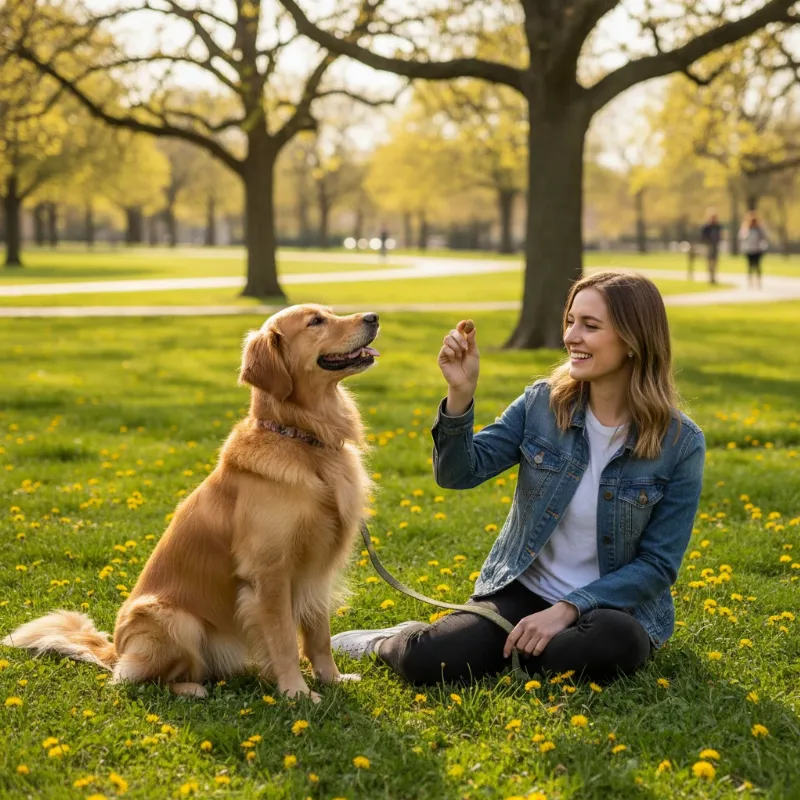 A happy Golden Retriever sitting and looking up at its owner during a training session in a sunny Carrollton park, showcasing a positive dog training experience.