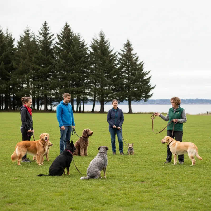 A group of diverse dog breeds and their owners participating in an outdoor dog training class in Bellingham WA, with a focus on positive reinforcement.