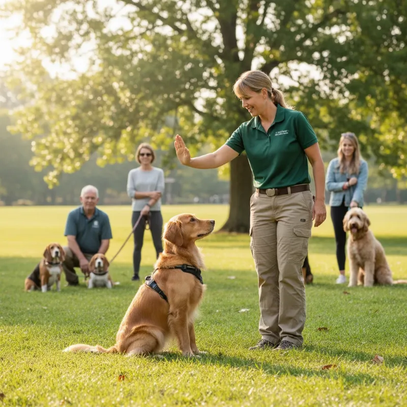 A diverse group of dogs and their owners participating in an outdoor dog training Chesterfield VA class, with a trainer demonstrating a command.