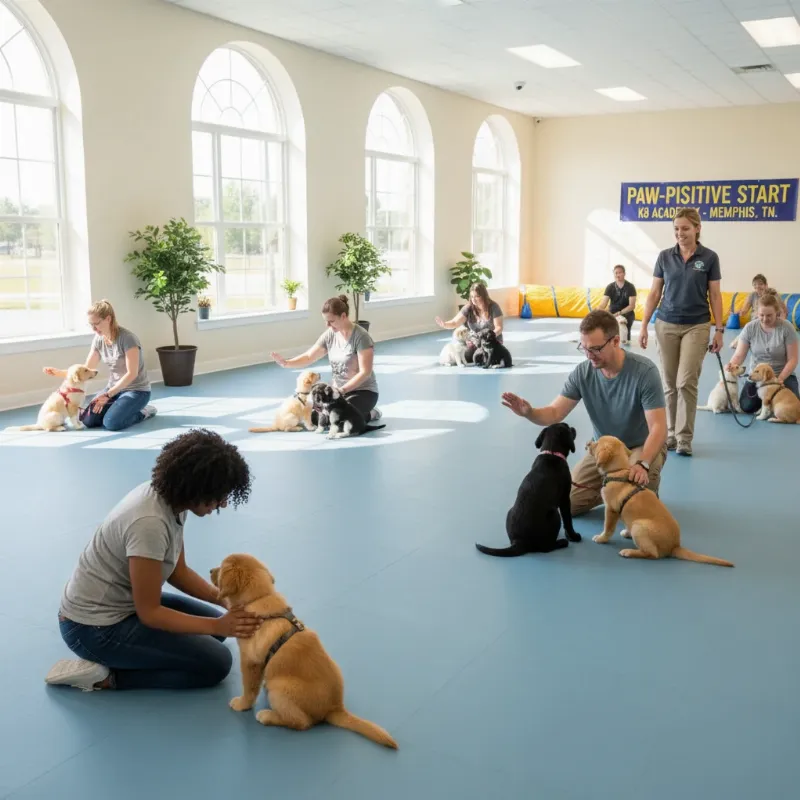A diverse group of people participating in a dog training in Memphis class with their puppies.