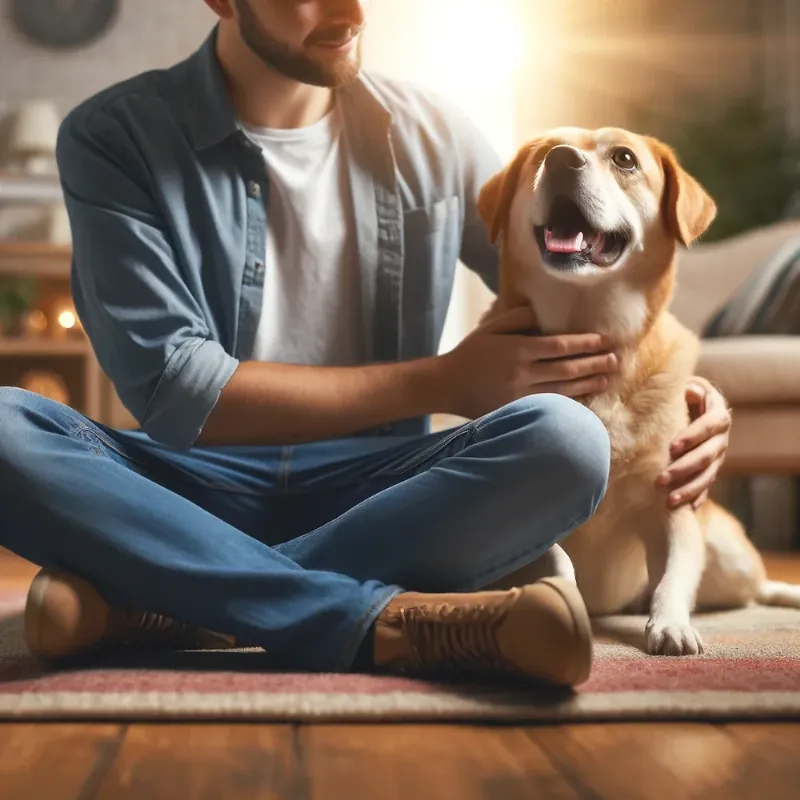 A professional dog trainer working patiently with a dog and its owner, offering guidance and support.