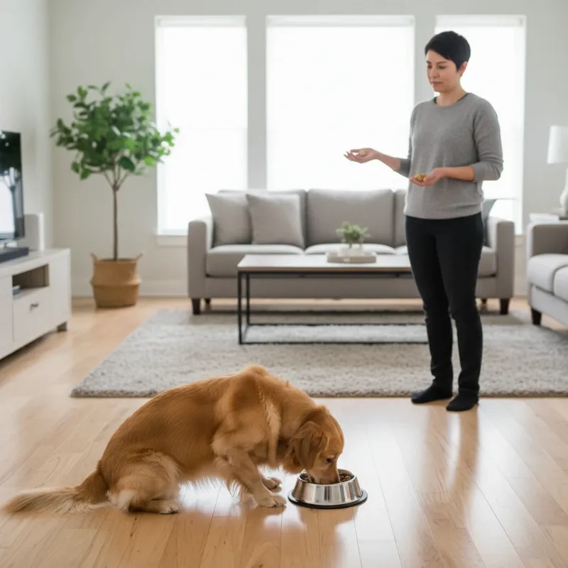 A visual representation of safe distance training for dogs with food aggression, with a dog calmly eating while a person is at a safe, non-threatening distance.