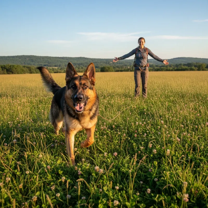 A German Shepherd responding enthusiastically to a recall command from its owner in a large, open field, demonstrating the freedom of off-leash training.