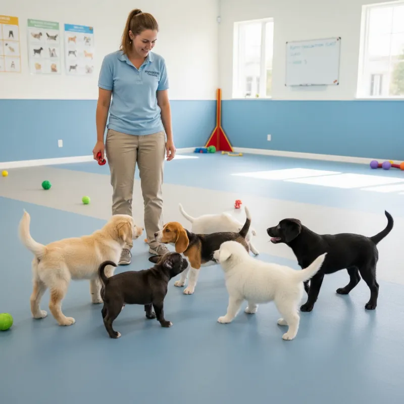 An indoor puppy training class in Lawton OK, with several puppies of different breeds safely interacting off-leash under the supervision of a trainer