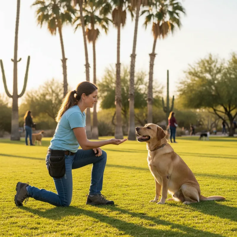 Professional dog trainer guiding a dog through an obedience exercise in a sunny Phoenix park